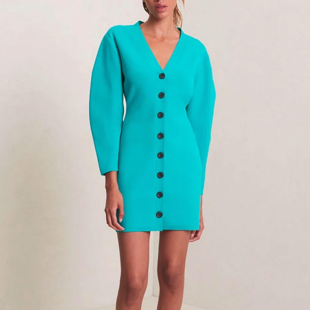 ALC Aqua Green Knit V-Neck Long Puff Sleeve Button Front Mini Sweater Dress - XS